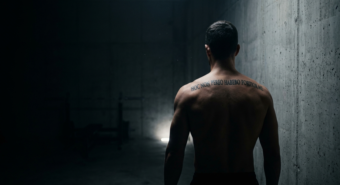 Atleta de espaldas con la frase Hoc non pereo habebo fortior me tatuada