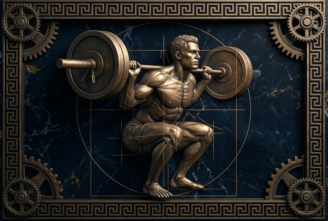 Relieve de bronce de un atleta haciendo sentadilla con líneas de análisis biomecánico.