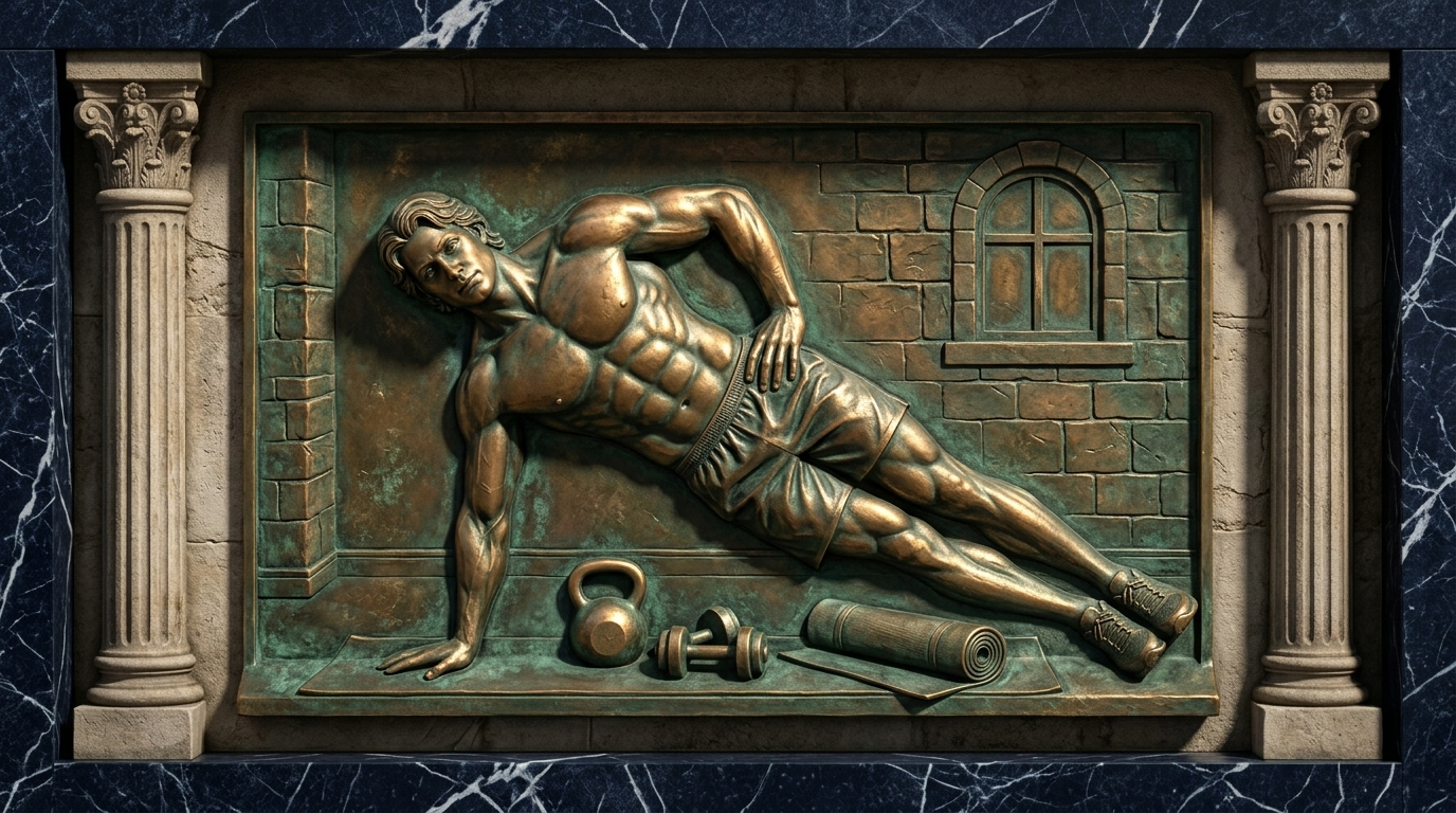Relieve de bronce de un atleta en plancha lateral con una kettlebell, mancuernas y una esterilla