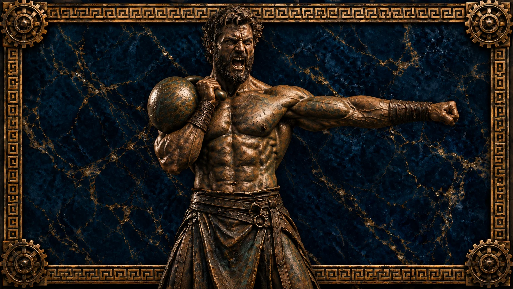 Relieve de bronce de un atleta levantando una kettlebell dentro de un marco de greca dorada