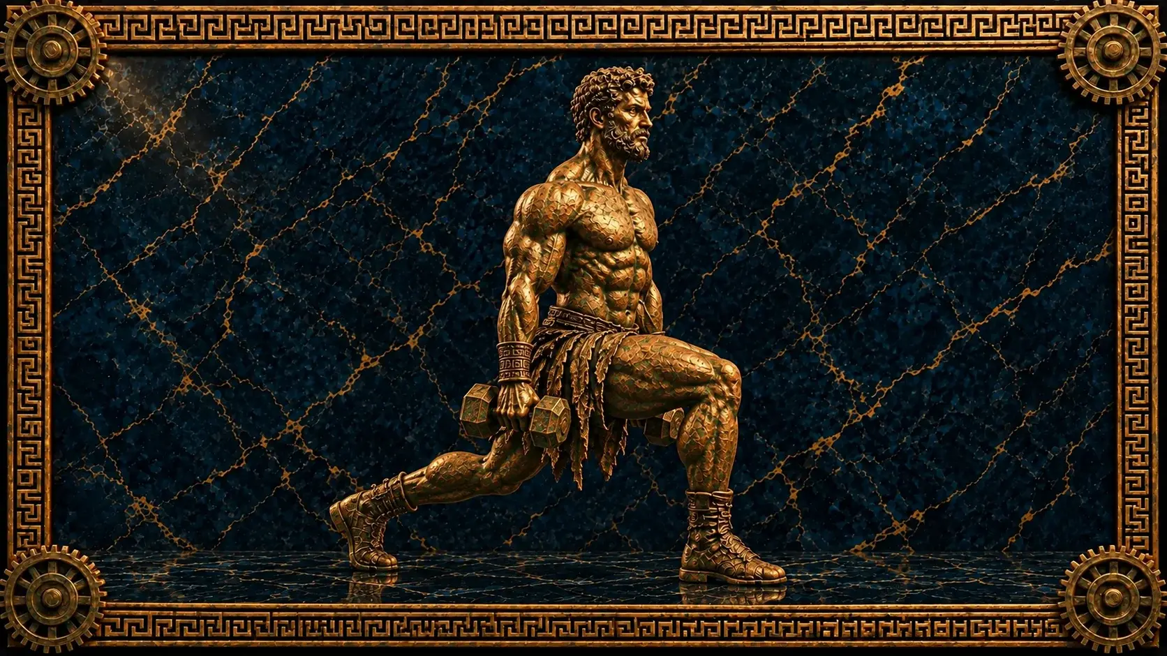 Rutinas de piernas: estatua de bronce de un atleta haciendo una zancada con una mancuerna en cada mano, sobre mármol azul