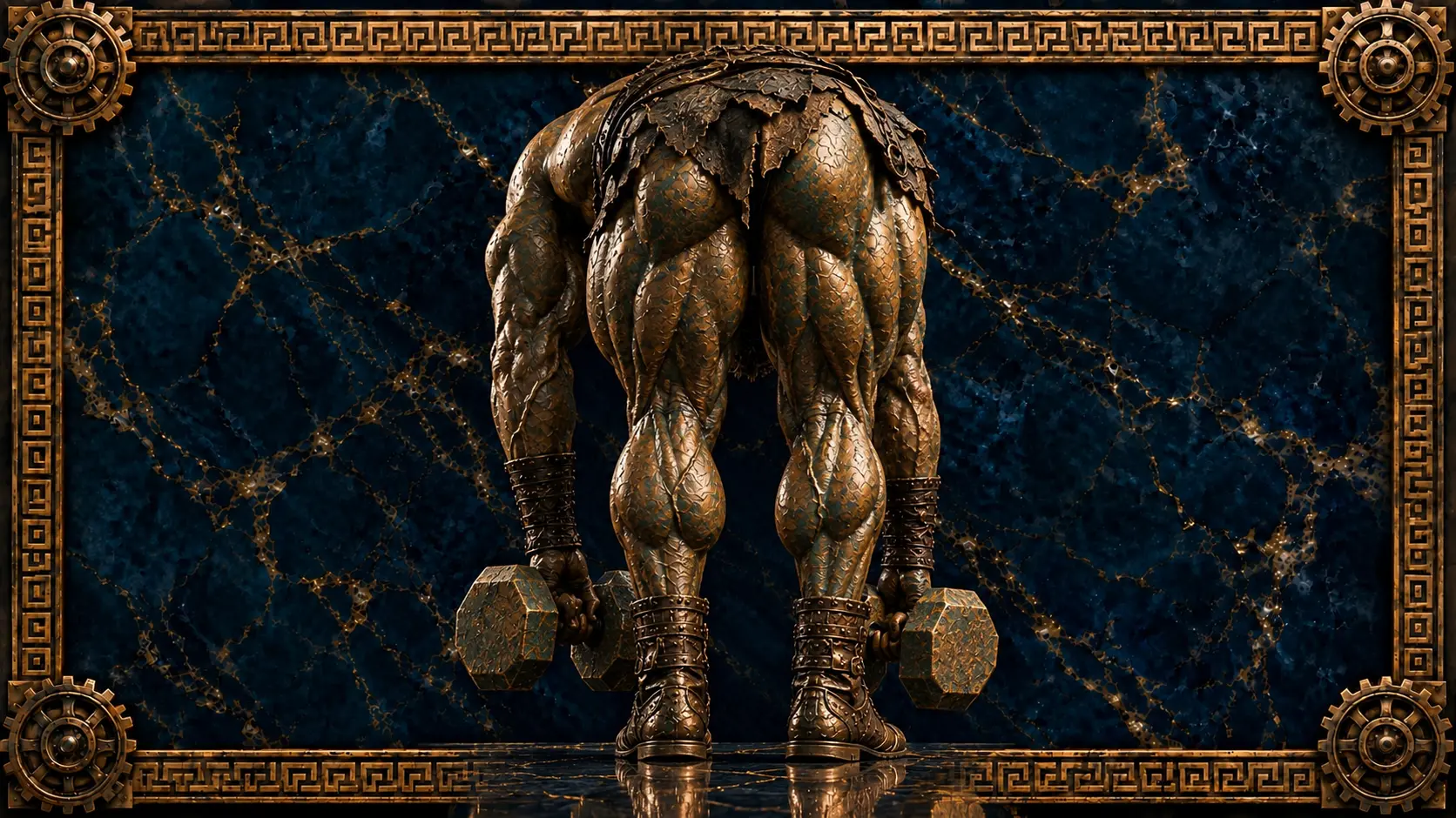 Rutinas de femorales: estatua de bronce de un atleta visto desde atrás con el torso inclinado y una mancuerna en cada mano, sobre mármol azul