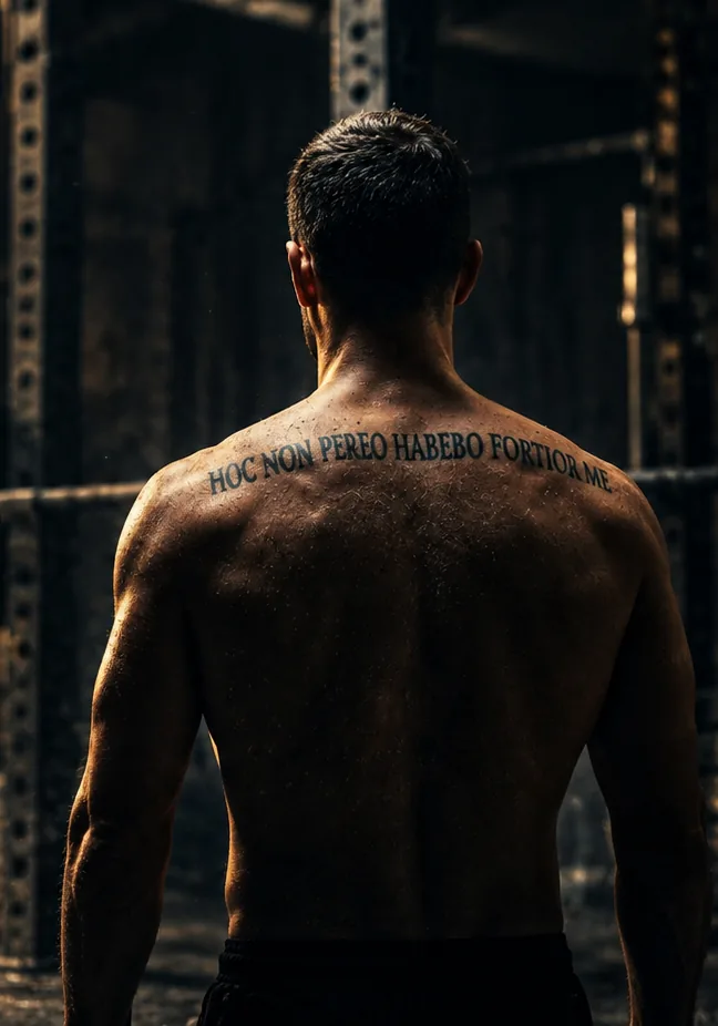 Atleta de espaldas con la frase Hoc non pereo habebo fortior me tatuada