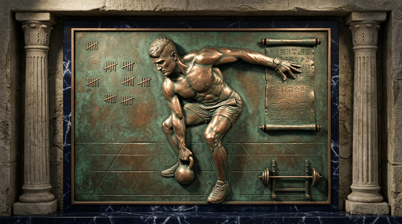 Relieve de bronce de un atleta agachado con una kettlebell, con marcas de conteo y un pergamino