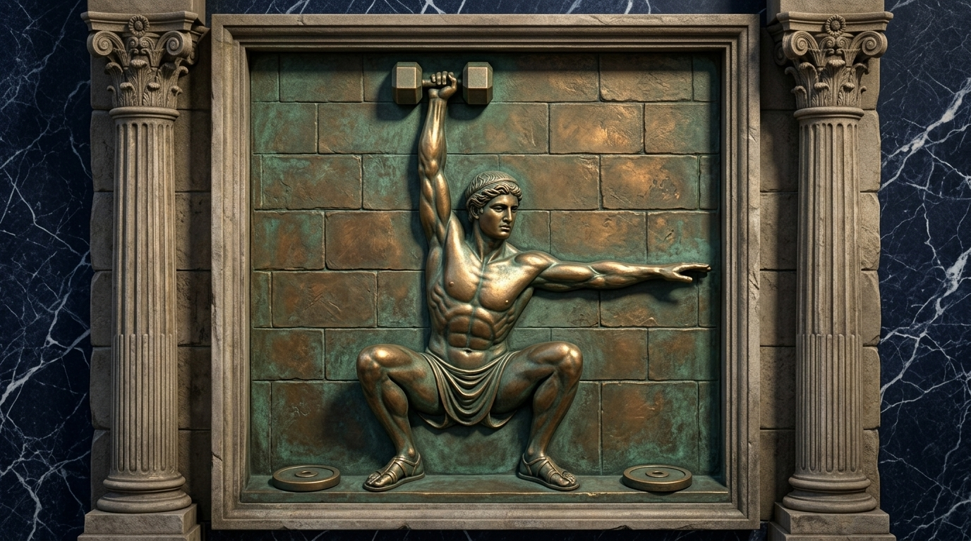 Relieve de bronce de un atleta en sentadilla profunda con una mancuerna sobre la cabeza