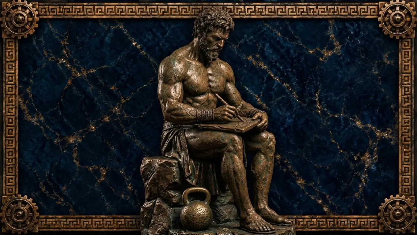 Sr Titán, relieve de bronce sentado escribiendo en una tablilla junto a una kettlebell: ejercicios estoicos y retos de disciplina