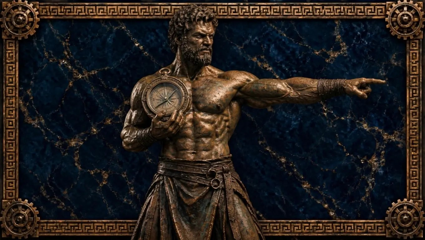 Webs de estoicismo: Sr Titán, relieve de bronce sosteniendo una brújula antigua y señalando hacia delante