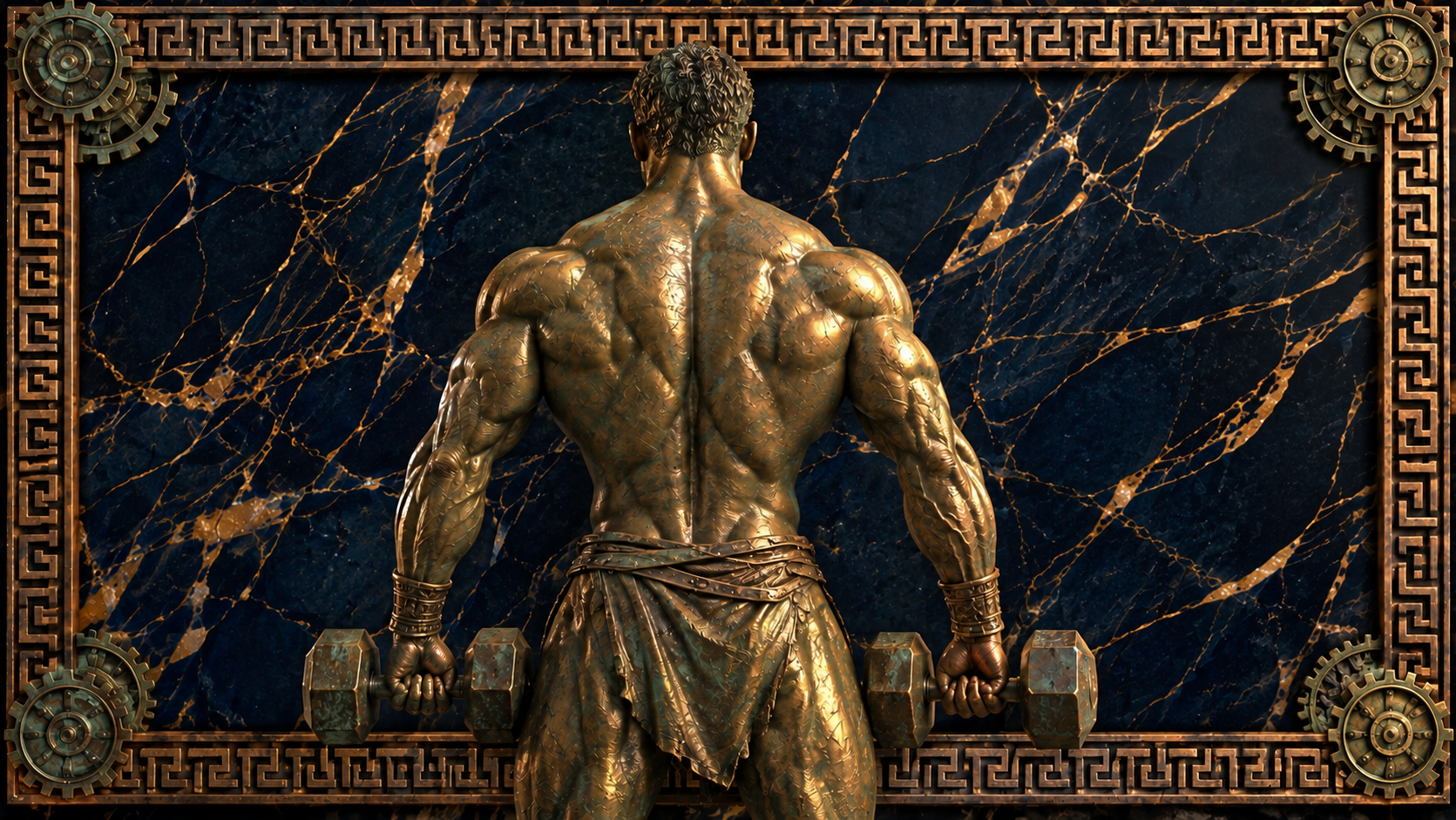 Estatua de bronce de un atleta de espaldas sosteniendo dos mancuernas, sobre mármol azul con marco de greca dorada