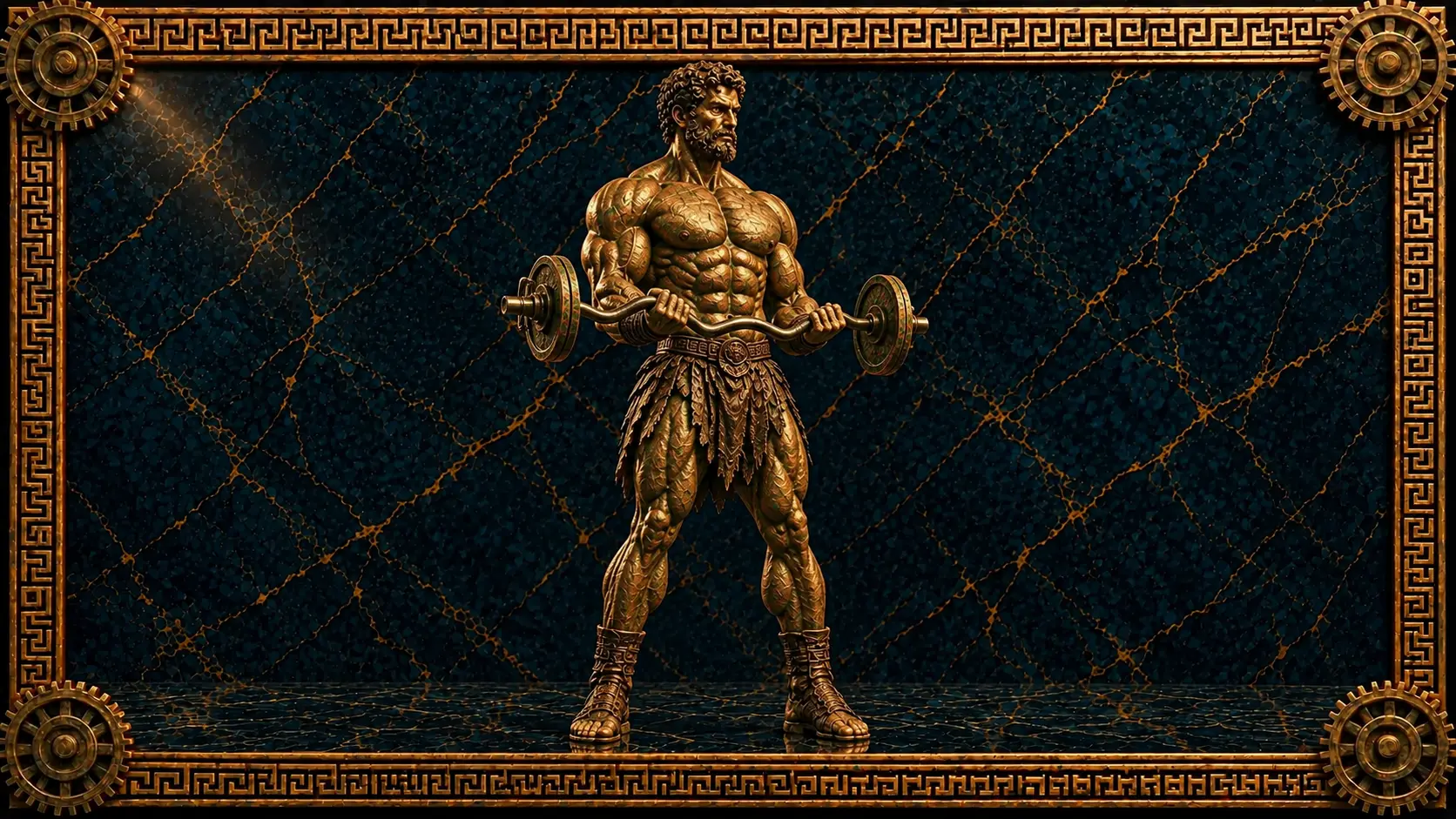 Rutinas de bíceps: estatua de bronce de un atleta haciendo un curl con barra Z con los bíceps flexionados, sobre mármol azul