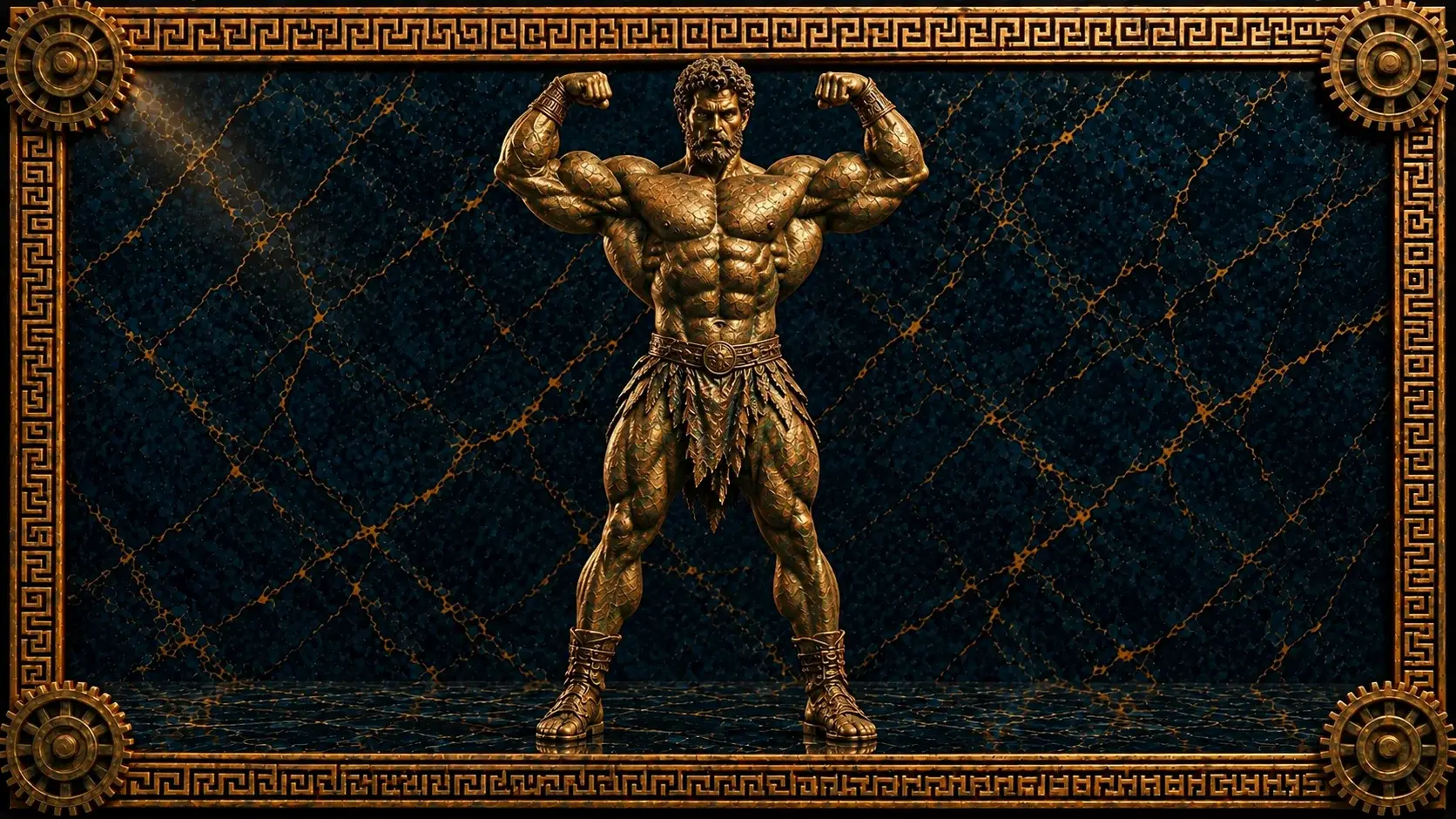 Rutinas de brazos: estatua de bronce de un atleta de frente con los dos brazos flexionados en pose de doble bíceps, sobre mármol azul