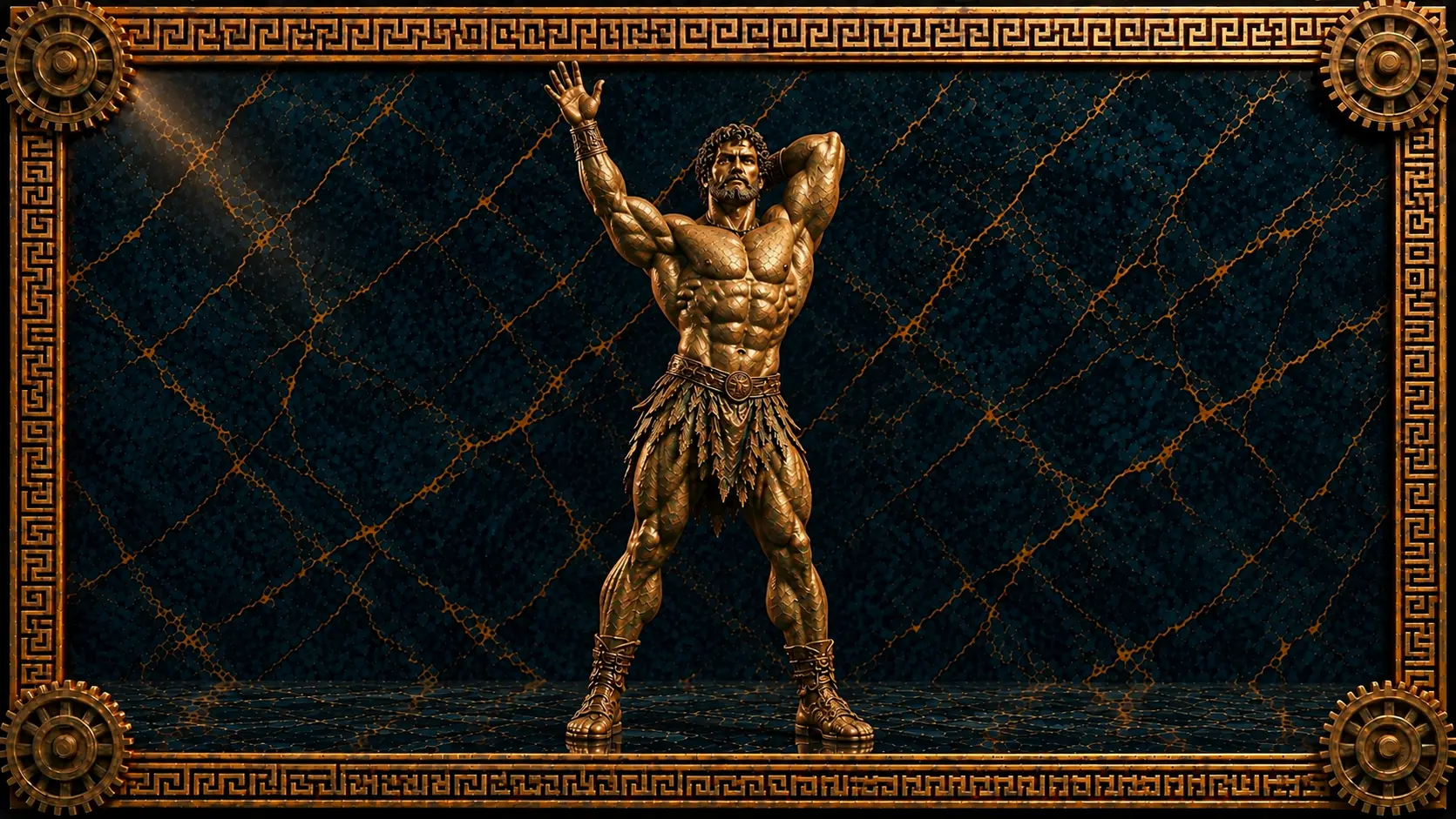 Rutinas de core: estatua de bronce de un atleta de pie con un brazo levantado y el torso estirado, que marca los abdominales y los oblicuos, sobre mármol azul