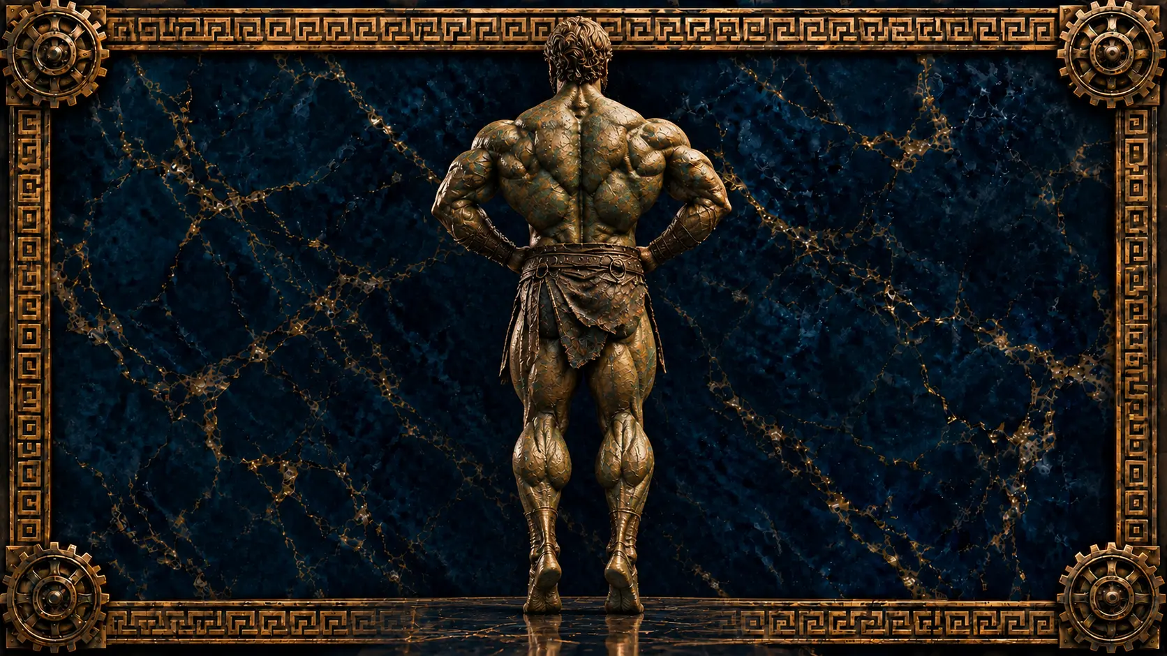 Rutinas de gemelos: estatua de bronce de un atleta de espaldas, de puntillas y con las pantorrillas contraídas, sobre mármol azul