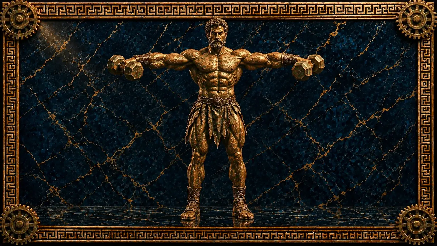 Rutinas de hombro: estatua de bronce de un atleta haciendo elevaciones laterales con mancuernas, sobre mármol azul