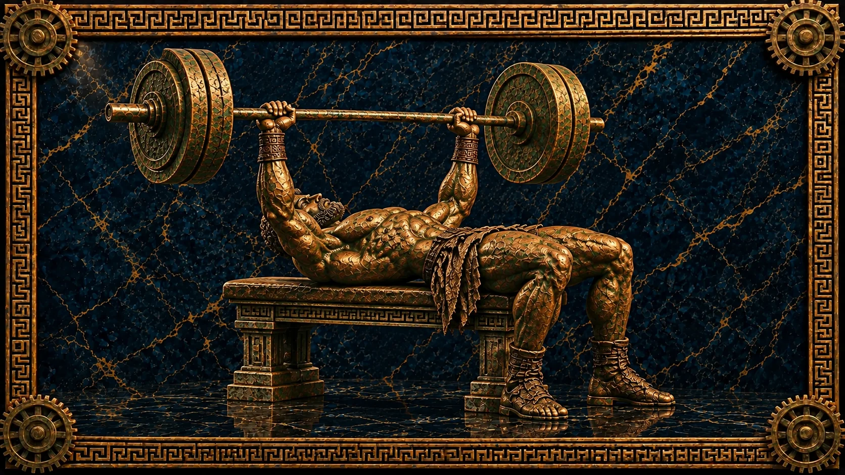 Rutinas de pecho: estatua de bronce de un atleta tumbado en un banco de piedra con una barra cargada sobre el pecho, sobre mármol azul