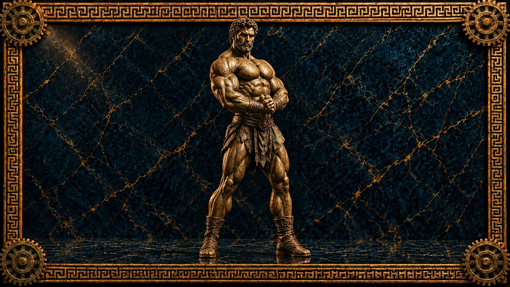 Rutinas por split: atleta de bronce en pose de culturista Rutinas por split: estatua de bronce de un atleta muy musculoso de pie con los brazos flexionados, sobre mármol azul con marco de greca dorada