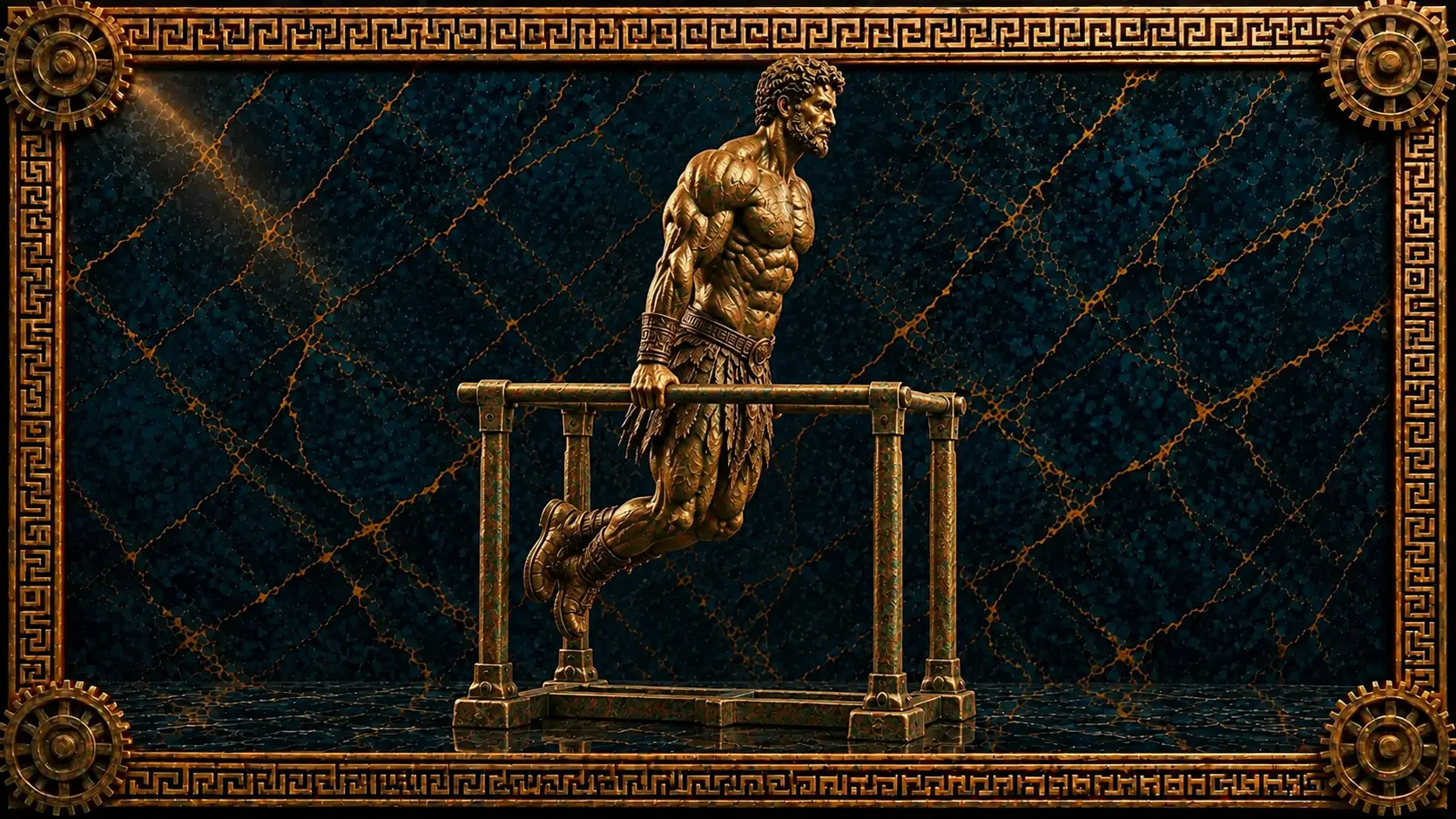 Rutinas de tríceps: estatua de bronce de un atleta haciendo fondos en paralelas con los brazos extendidos, sobre mármol azul