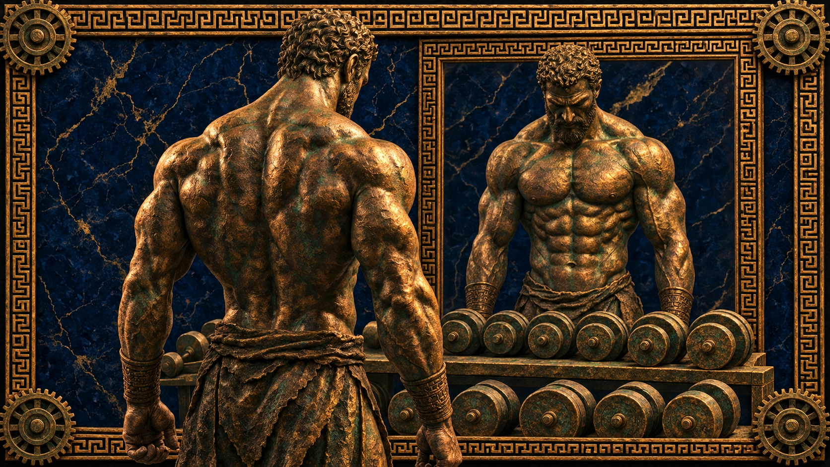 Estatua de bronce de un atleta de espaldas frente a un espejo que refleja su frente, con un soporte de mancuernas, sobre mármol azul con marco de greca dorada